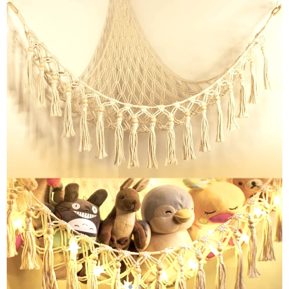 Plush Toy Hammock Shelf - Cream Cotton Macramé for Stuffed Animals